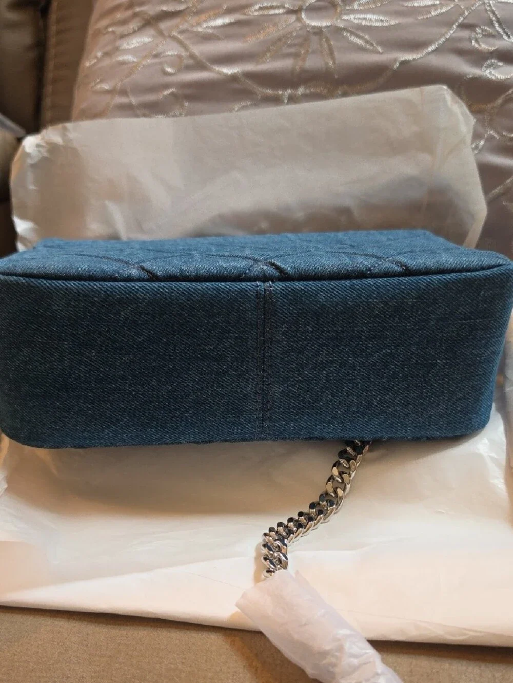 Tory Burch Quilted Denim Shoulder Bag with Gold Chain
